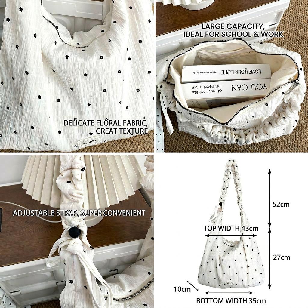 Floral Print Tote Bag Korean-Style Large Capacity Shoulder Bag Adjustable Strap Tote Bag Skin-Friendly For Daily Commute School