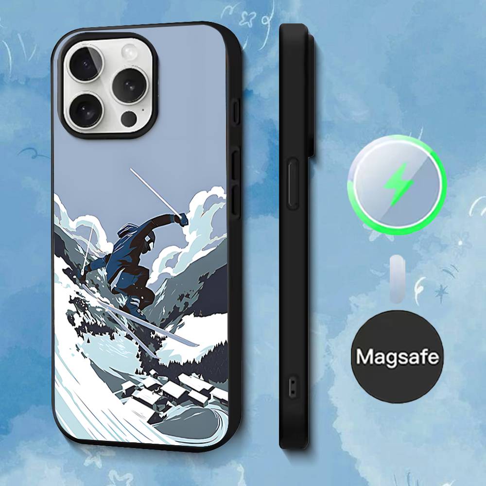 Étui de téléphone Neige Snowboard Ski Pour iPhone 17,16,15,14,13,12,11,Pro,Max,Plus,Mini,SE4,E Magnétique Magsafe Recharge sans fil