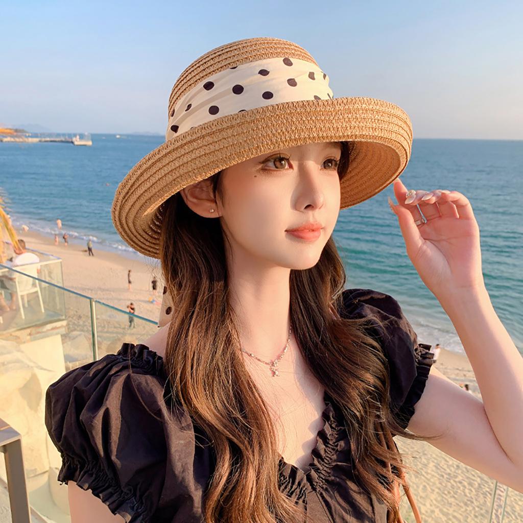 Summer Polka Dot Ribbon Straw Hat for Women Elegant Curled Brim Sunscreen Fisherman Cap Lady Girl Beach Travel Visor Panama Hats