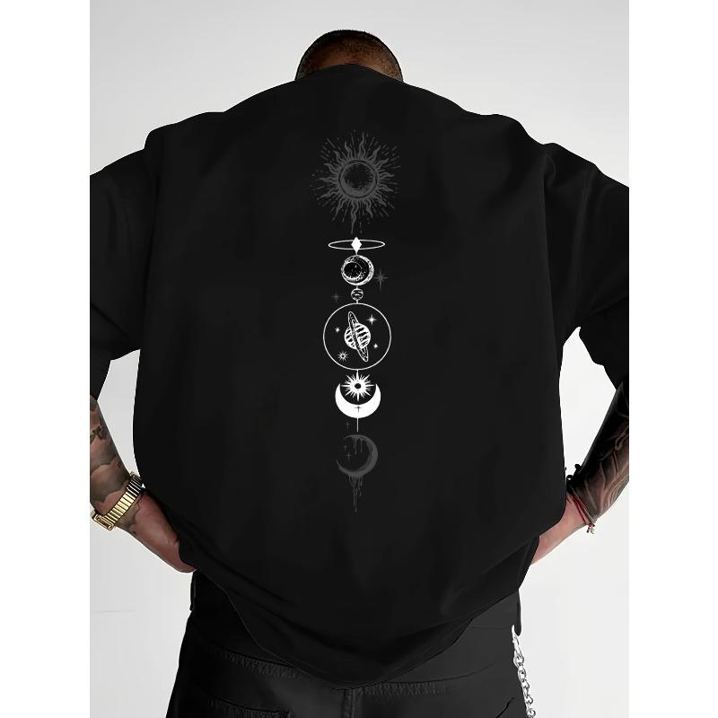 

European Size Men s Space-Themed T-Shirt - Loose Fit Crew Neck with Sun, Moon & Stars Print | Solar System Astronaut | Casual Streetwear S чёрный