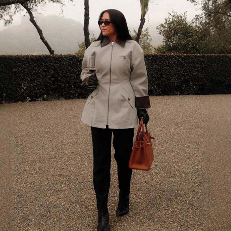 Womens Fashion Turn-down Collar Zip Jacket Slim Fit Solid Color Long Sleeve Outerwear 2026