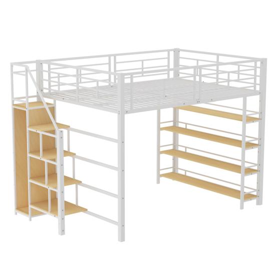 Youth Bed with Safety Stairs Several Shelves Built-in Wardrobe Strong Load Bearing Metal Frame Loft Bed Home Furniture