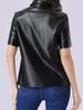 Allegra K Women's PU Leather Button-Down Shirt, Short Sleeve, Color Blouse, Jacket, Party/Club Top, Black, Size S