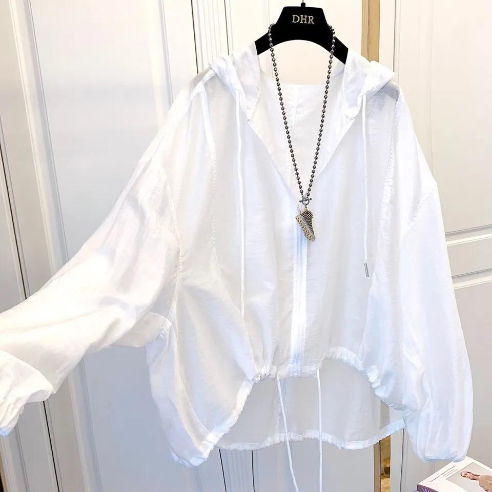 Солнцезащитная одежда большого размера, женская легкая куртка Ice Silk, свободная и тонкая солнцезащитная рубашка с капюшоном L белый