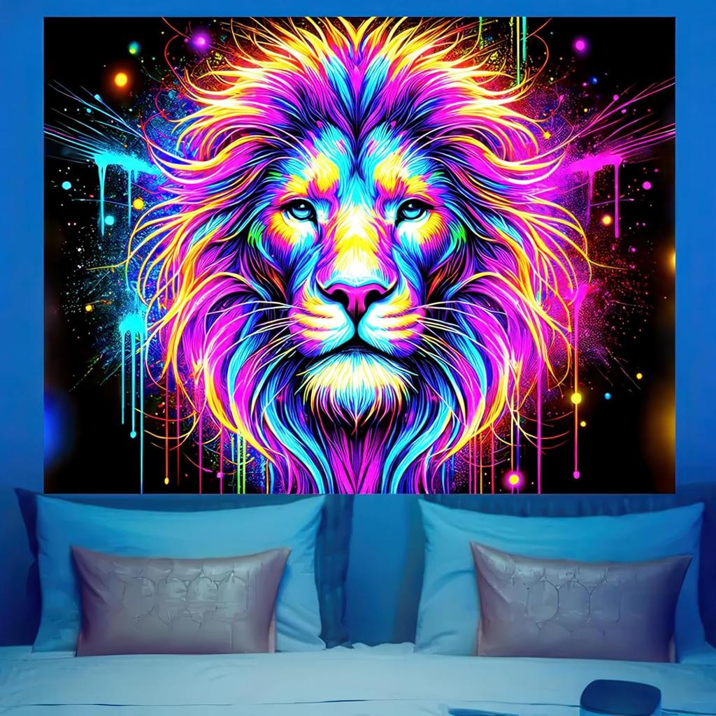 Colorful Watercolor Lion Art Tapestry Wall Hanging Boho Abstract Maximalist Jungle Zoo Room Decor Print