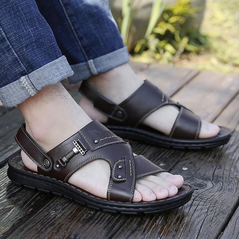 Herrsandaler i äkta läder sommar Tofflor Herr Tofflor Vuxen Strandskor med tjocka sulor Halkfri lädersandal Zapatos Hombre