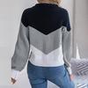 Women Casual Knit Pullover Sweater Autumn Winter Long Sleeve Polo Collar Contrast