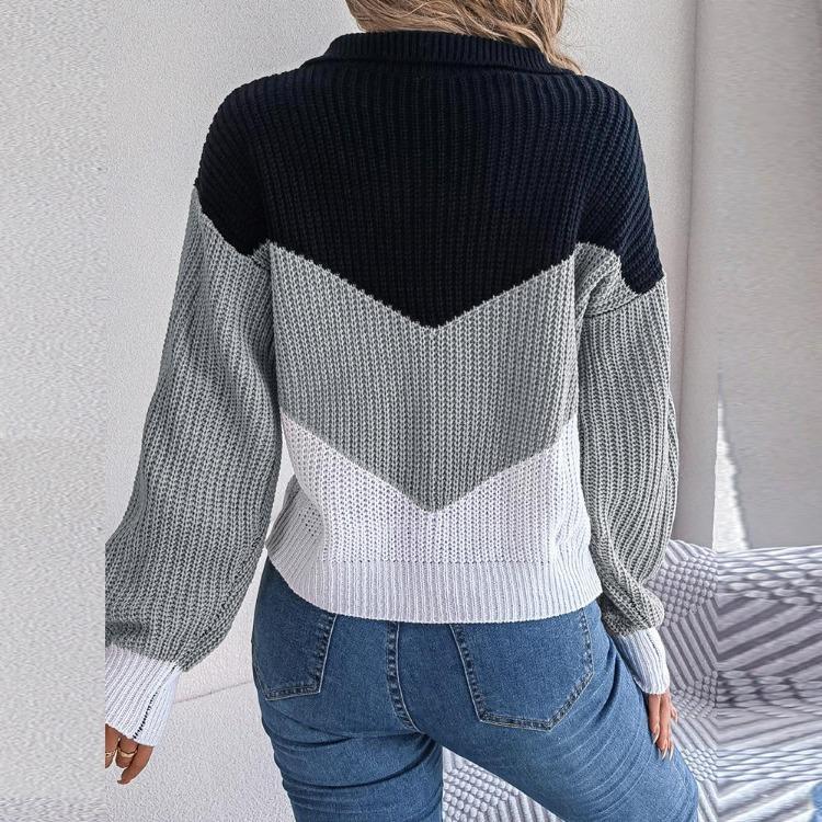 Women Casual Knit Pullover Sweater Autumn Winter Long Sleeve Polo Collar Contrast