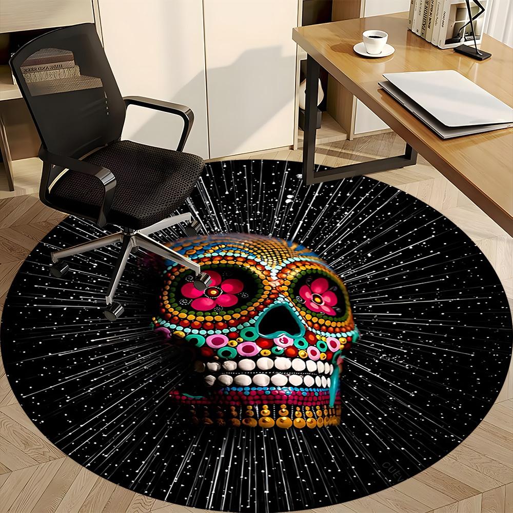 1PC Sugar Skull, Day of the Dead Office Round Area Rug, Mat Suitable ForOffice, Under Office Chairs Bedroom Living Room Home Decor, Room Deco