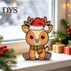 Wooden Christmas Ornaments Elk Figurine with Santa Hat And Scarf, Cartoon Deer Tabletop Decoration Ornament for Holiday Home Party Decor, Stable Base