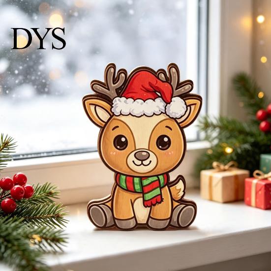 Wooden Christmas Ornaments Elk Figurine with Santa Hat And Scarf, Cartoon Deer Tabletop Decoration Ornament for Holiday Home Party Decor, Stable Base