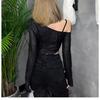 Women's Asymmetric Off-Shoulder Sheer Textured Long Sleeve Crop Top