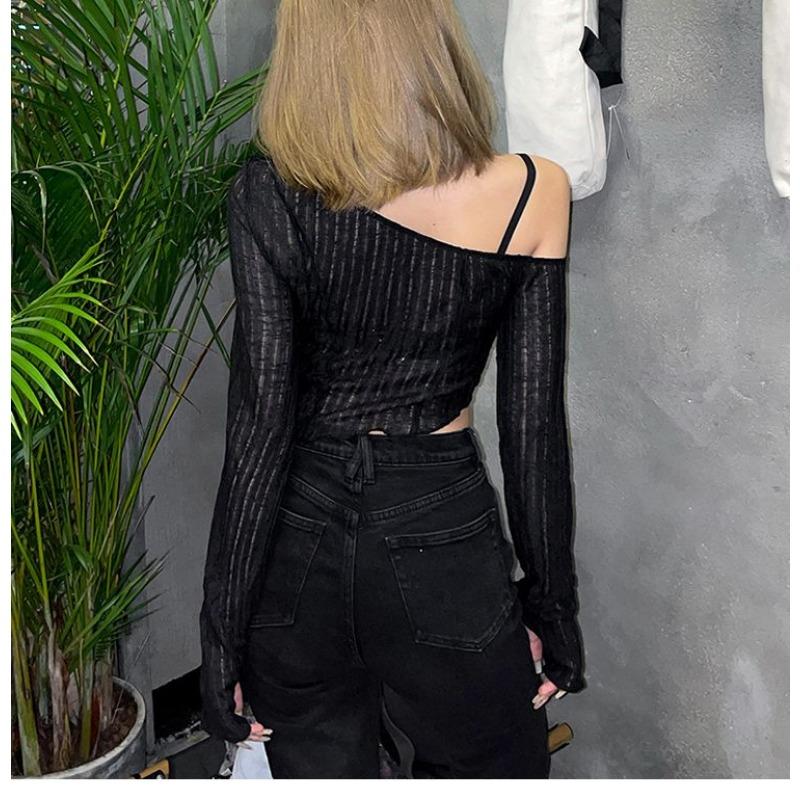Women's Asymmetric Off-Shoulder Sheer Textured Long Sleeve Crop Top