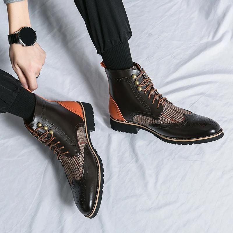 Ankle Boots for Men Brown Business Round Toe Lace-up Pu Mens Boots  Size 38-46 Men Shoes