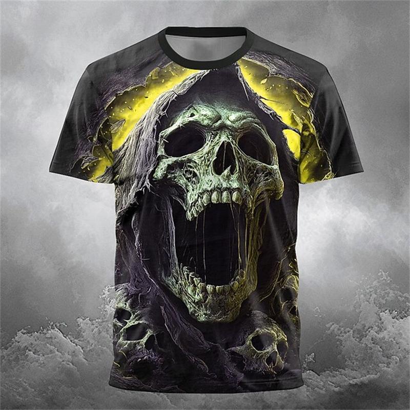 T-shirt da uomo con stampa teschio horror, estate, girocollo, manica corta, alla moda, vestibilità larga, abbigliamento streetwear vintage da uomo