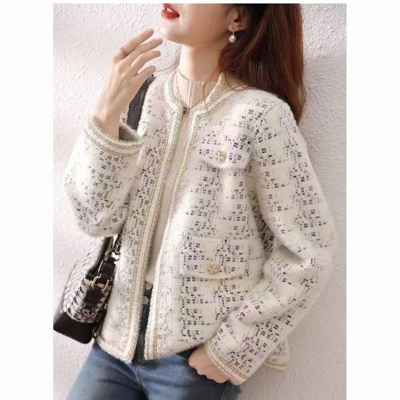 Mink fleece sweater jacket women's autumn and winter new outer wear crew neck top knitted cardigan short sleeve