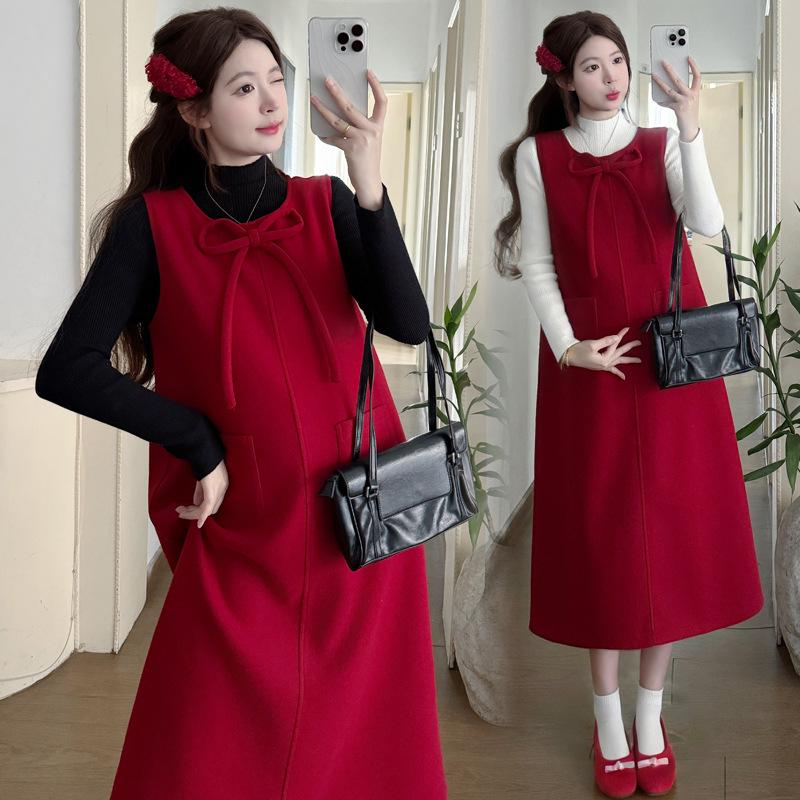 2026 Spring New Year Long Wool Maternity Dress XL