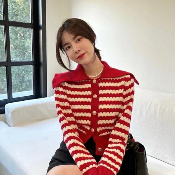 Spring and Autumn Sweater 2022 Cardigan Versatile Sweater Coat Women Stripe  Knitted Cardigan Women