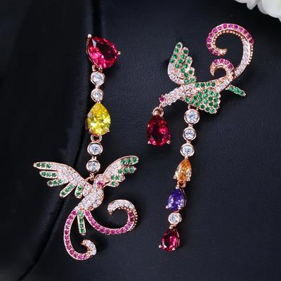 WWJ Orecchini pendenti lunghi Phoenix unici multi rosso verde con zirconi per donna