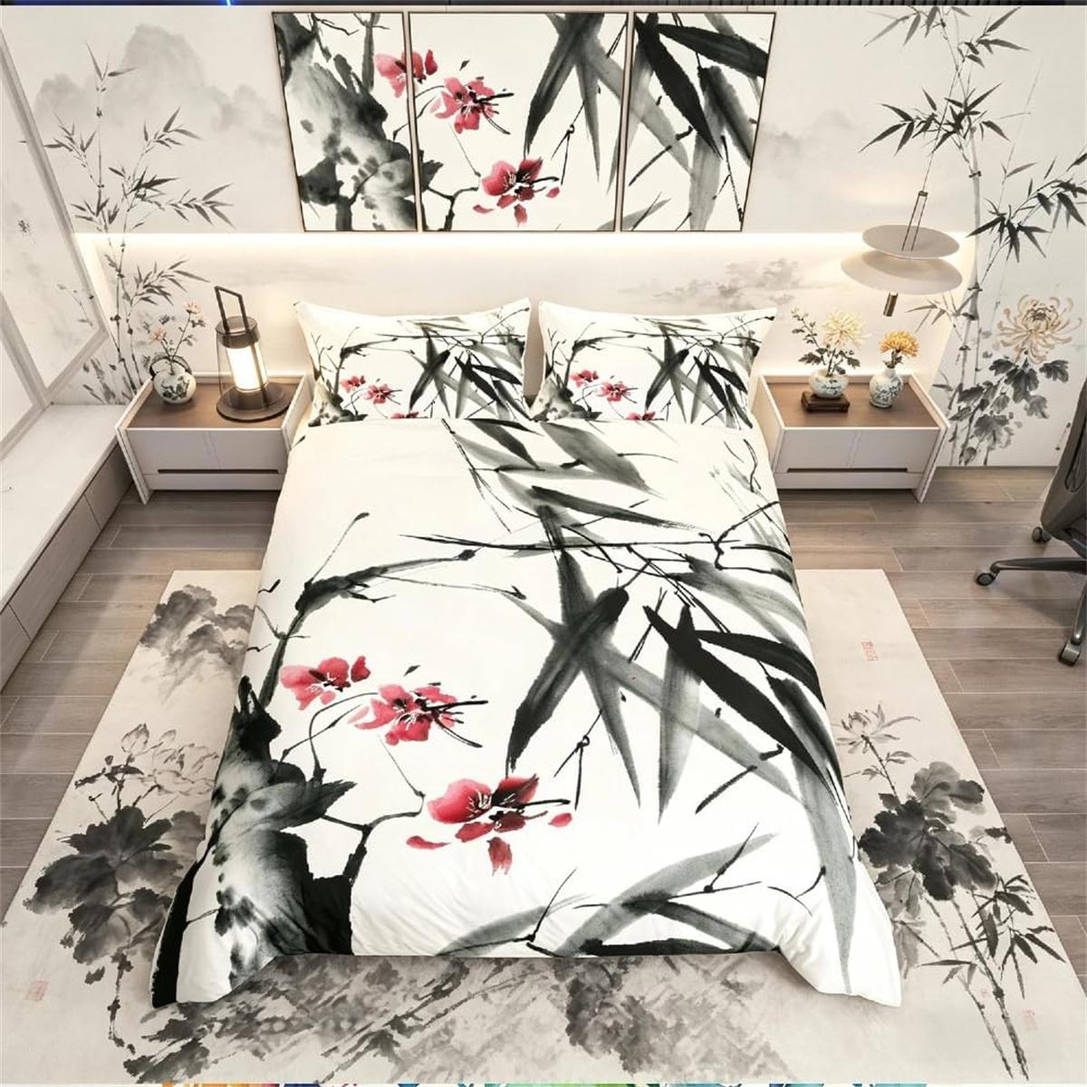 Housse de couette style japonais feuilles de bambou, Ensemble de literie peinture à l'encre taille simple pour enfants adolescents adultes, Housse de couette feuilles de bambou 90x200cm 2pcs
