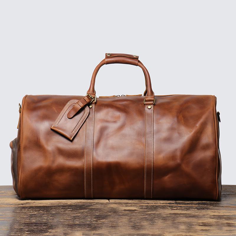 

Men s Crazy Horse Leather Travel Bag – Large Capacity, Genuine Cowhide, Convertible Shoulder & Crossbody.