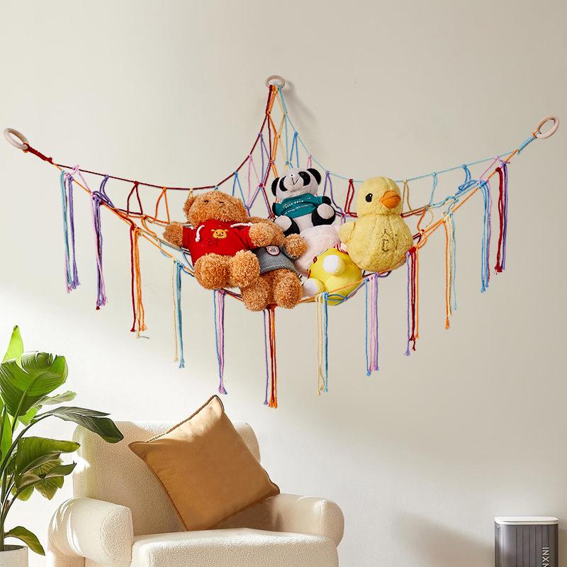 Handmade Cotton Rope Toy Storage Corner Net with Colorful Tassels