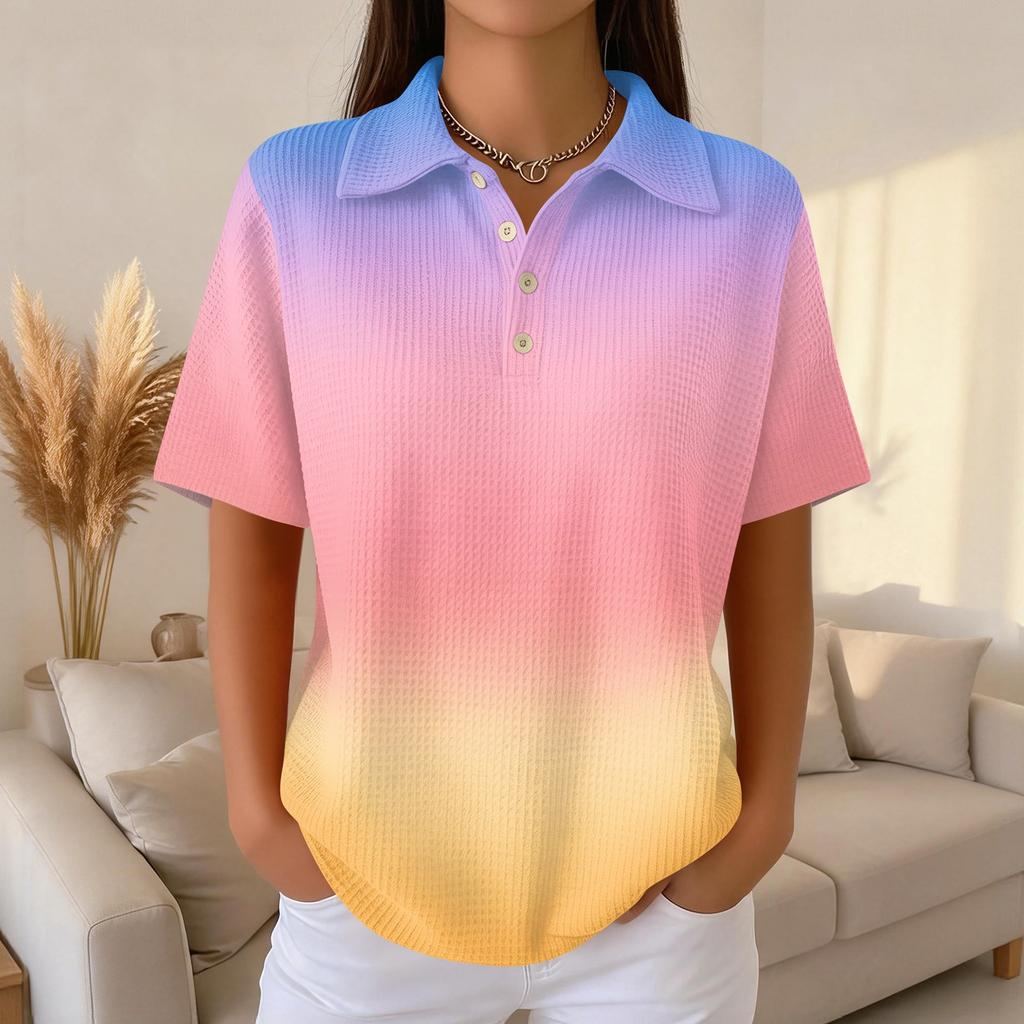 Polo Décontracté à Manches Courtes pour Femme en Tricot Gaufré Col Boutonné Coupe Ample Haut Léger pour un Usage Quotidien