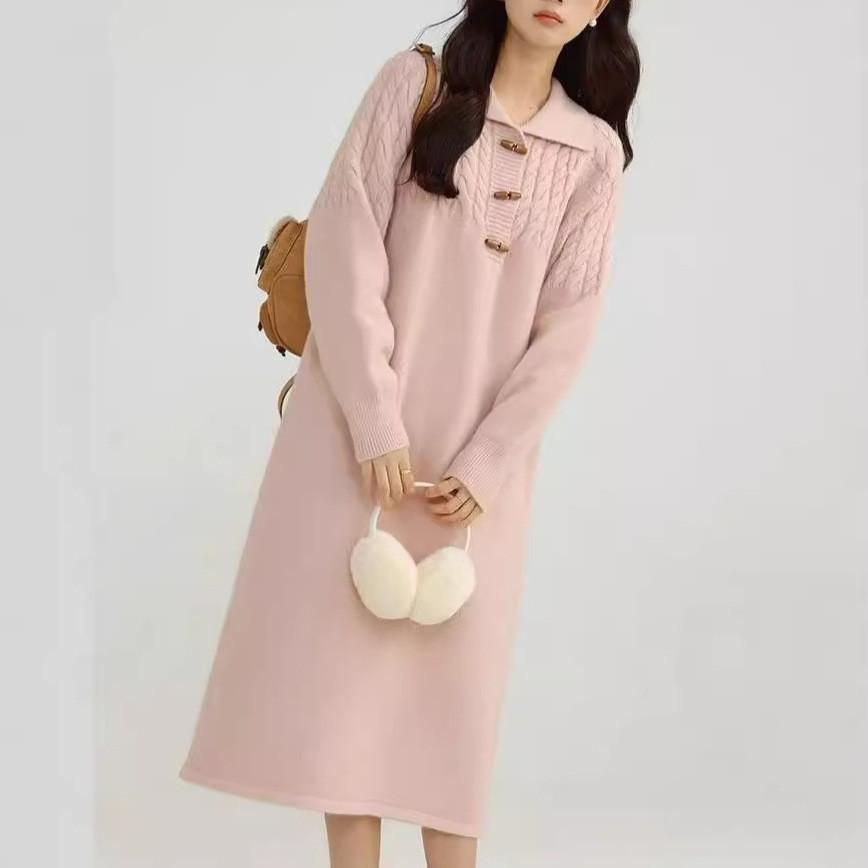 Twist sweater medium and long dress women's lapel autumn and winter loose lazy style temperament thin versatile knitted dress