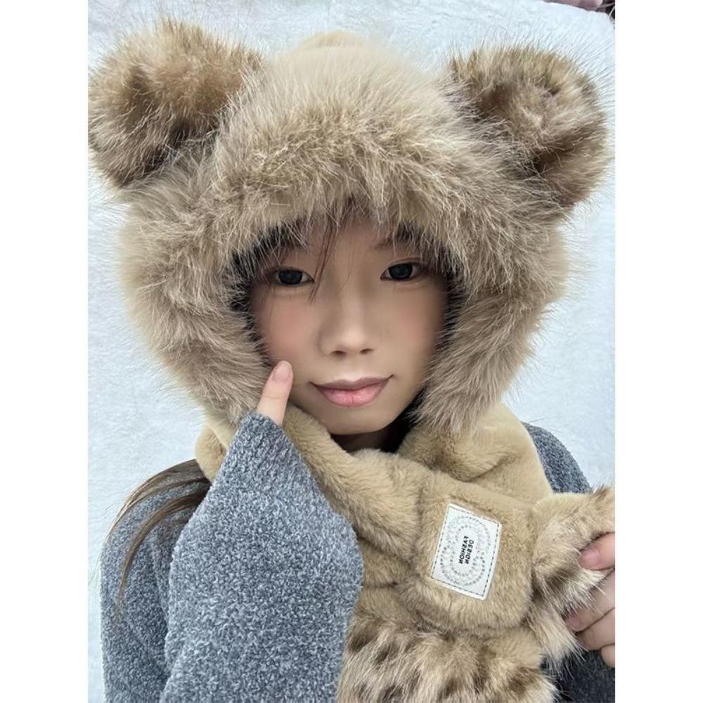 Sweet Cool and Cute Leopard-Print Ears Plush Hat and Scarf Combination for Women Winter Thickened Warmth-Retaining Cold-Resistant Hat