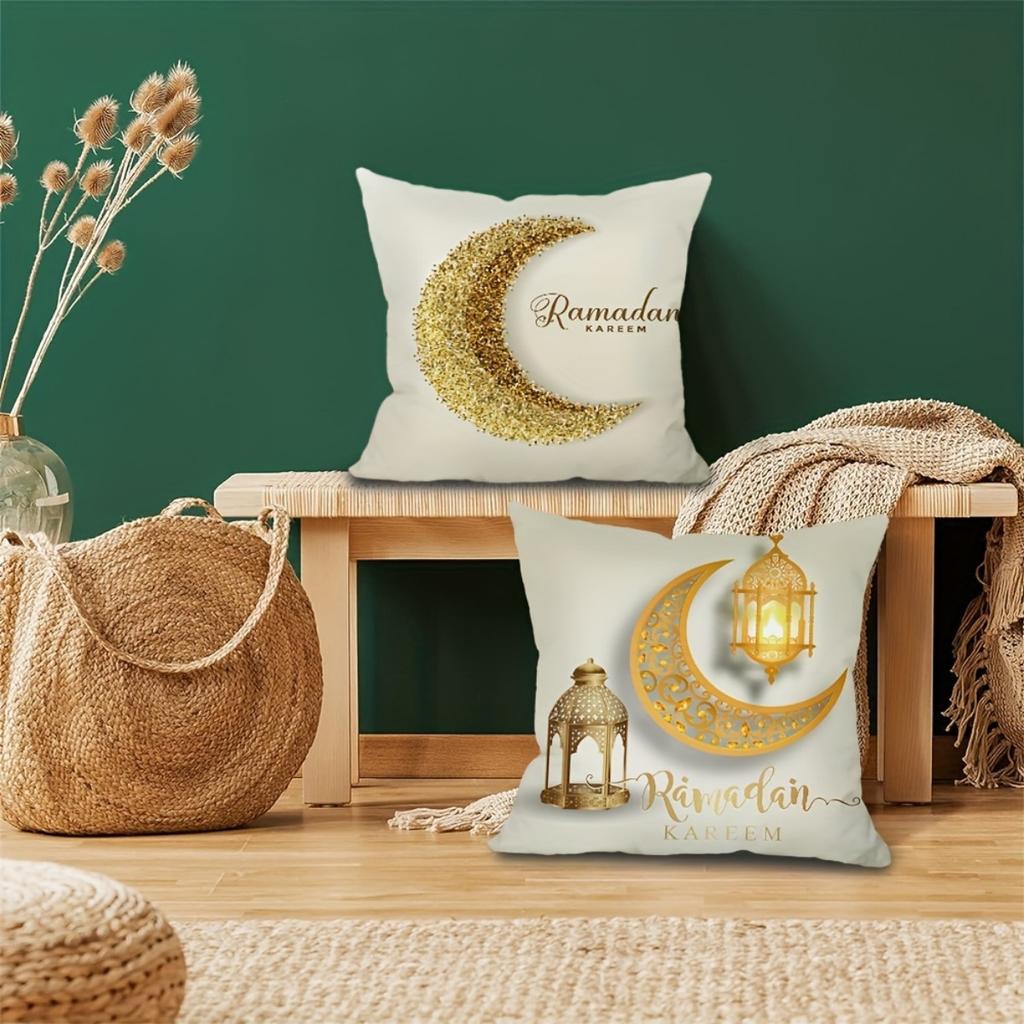 Golden Eid Mubarak Moon Cushion Covers Square Elegant Printed Zipper Closure Pillow Core Living Room Chair Sofa Bedroom Decora