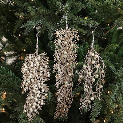 Christmas Tree Branches Ornaments Artificial Shiny Pendant With Pearl Christmas Glitter Stems For Holiday Birthday Party Offices