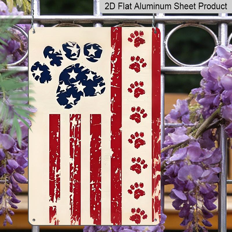 2D Flat Patriotic Dog Paw Print Metal Sign, 8×12 Inch Aluminum Wall Art, Vibrant Stars and Stripes Design, Durable Decor for Pet Lovers, Memorial Day