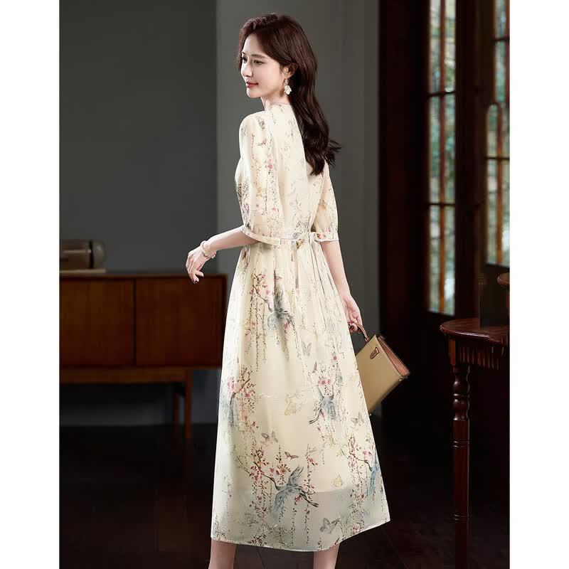 Demana Chinese Style Embroidered Chiffon Puff Sleeve Dress