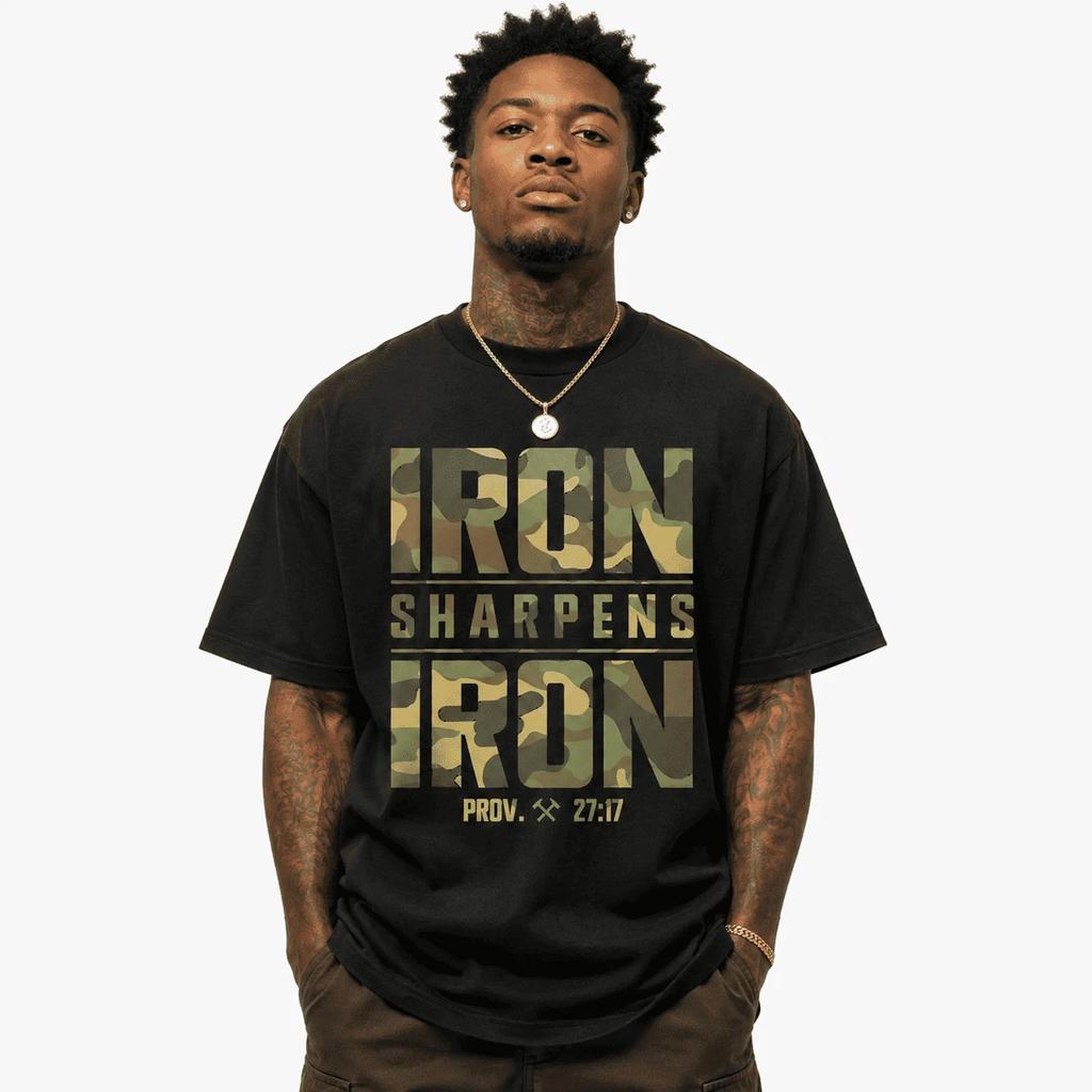 Iron Sharpens Iron Christian Bible Verse Graphic T-Shirt Camouflage Faith Tee