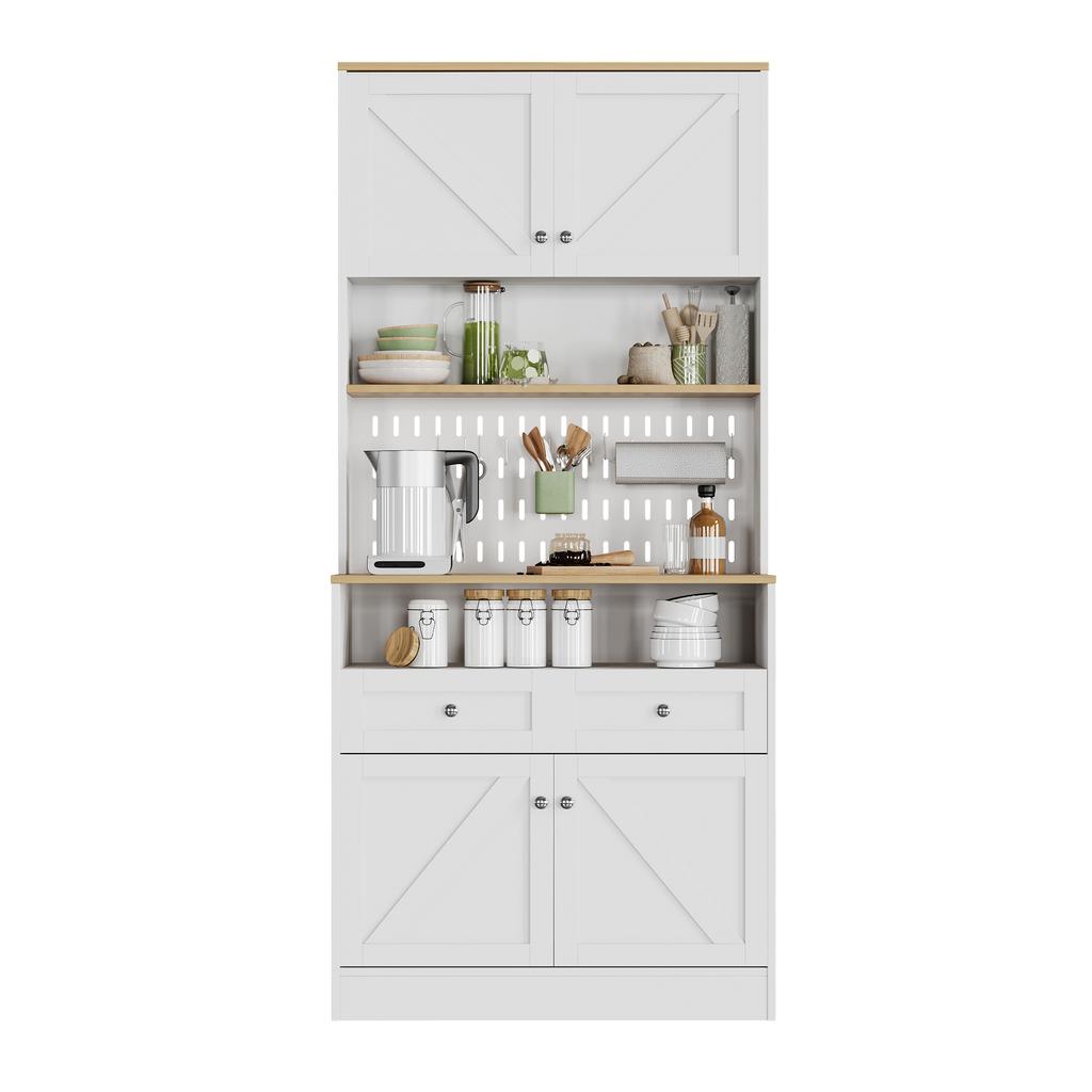 Stilvolles weißes Esszimmer-Sideboard mit 2 Schubladen und 4 Türen – Elegantes Buffet für Küche, Wohnzimmer mit silbernen Griffen und Stauraum
