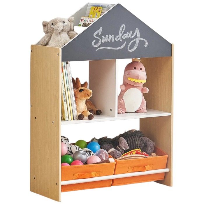 Meuble de rangement enfant GINGER HOME – Étagère maison en bois avec ardoise, 2 bacs tissu, 62,4x26,5x90 cm – Organisation jouets