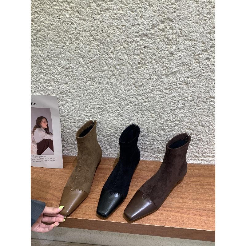 French square head short boots women's autumn and winter black small slope heel thin boots short knight boots bare boots