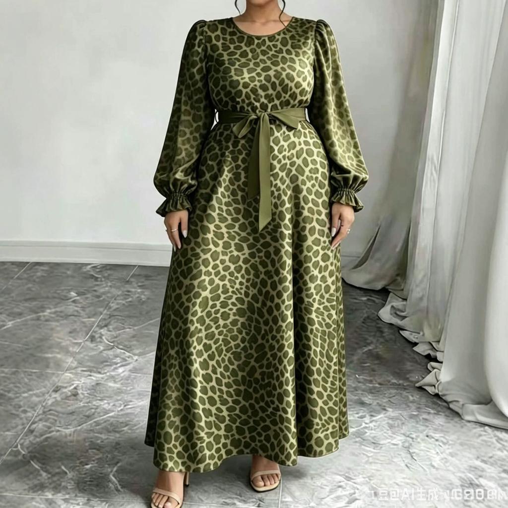 Women Plus Size Leopard Print Long Sleeve Square Neck Elegant Midi Dress