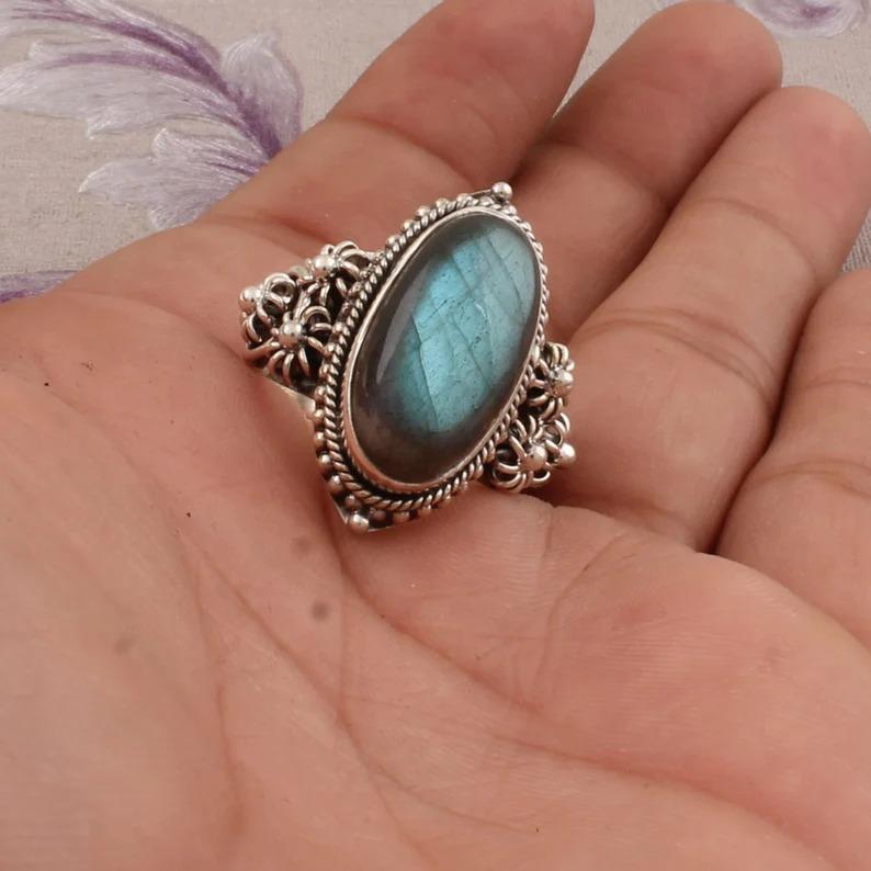 Labradorit-Edelsteinring aus 925er Sterlingsilber, massiver Stein, Statement-Ring für Frauen, Geschenkidee, Edelsteinschmuck, ca. 7,68 g