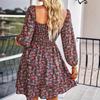 Women's Fashion Casual Print Temperament French Square Collar Long Sleeve Dress
