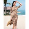 Jiuzi Anna Kou Elegant Holiday Plant Printed Bubble Wrinkle Texture Waist Dress for Women 2025 Summer New Style
