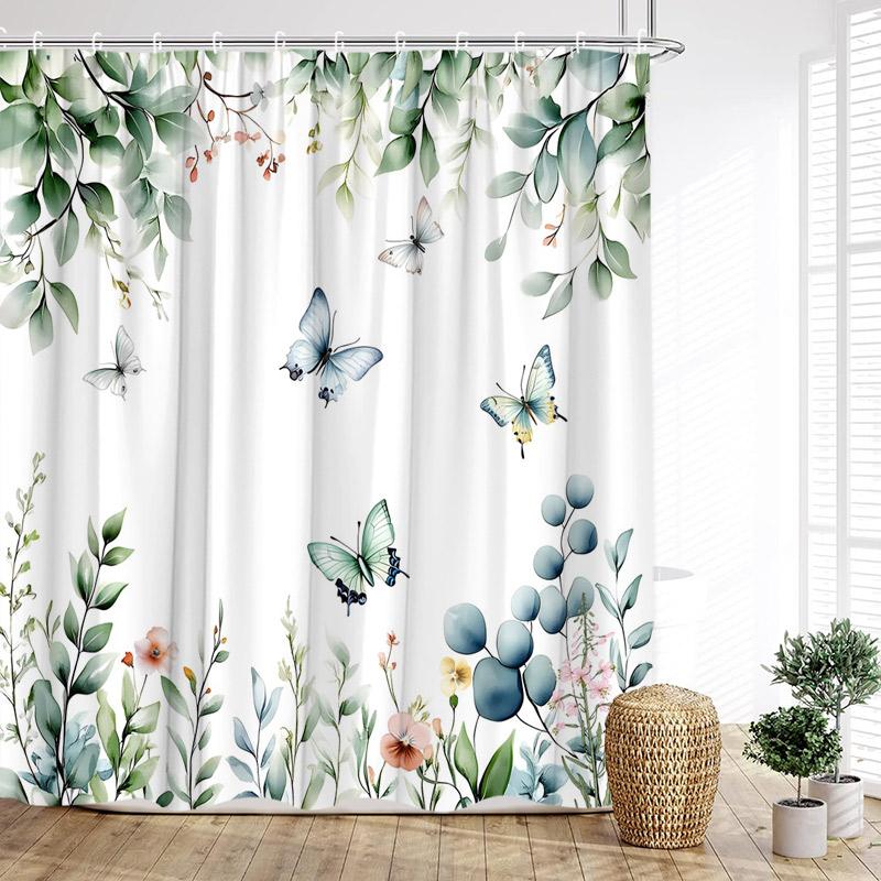 Colorful Floral Shower Curtain Watercolor Flower Leaves Modern Minimalist Bath Curtain Polyester Cloth Bathroom Decor with Hooks