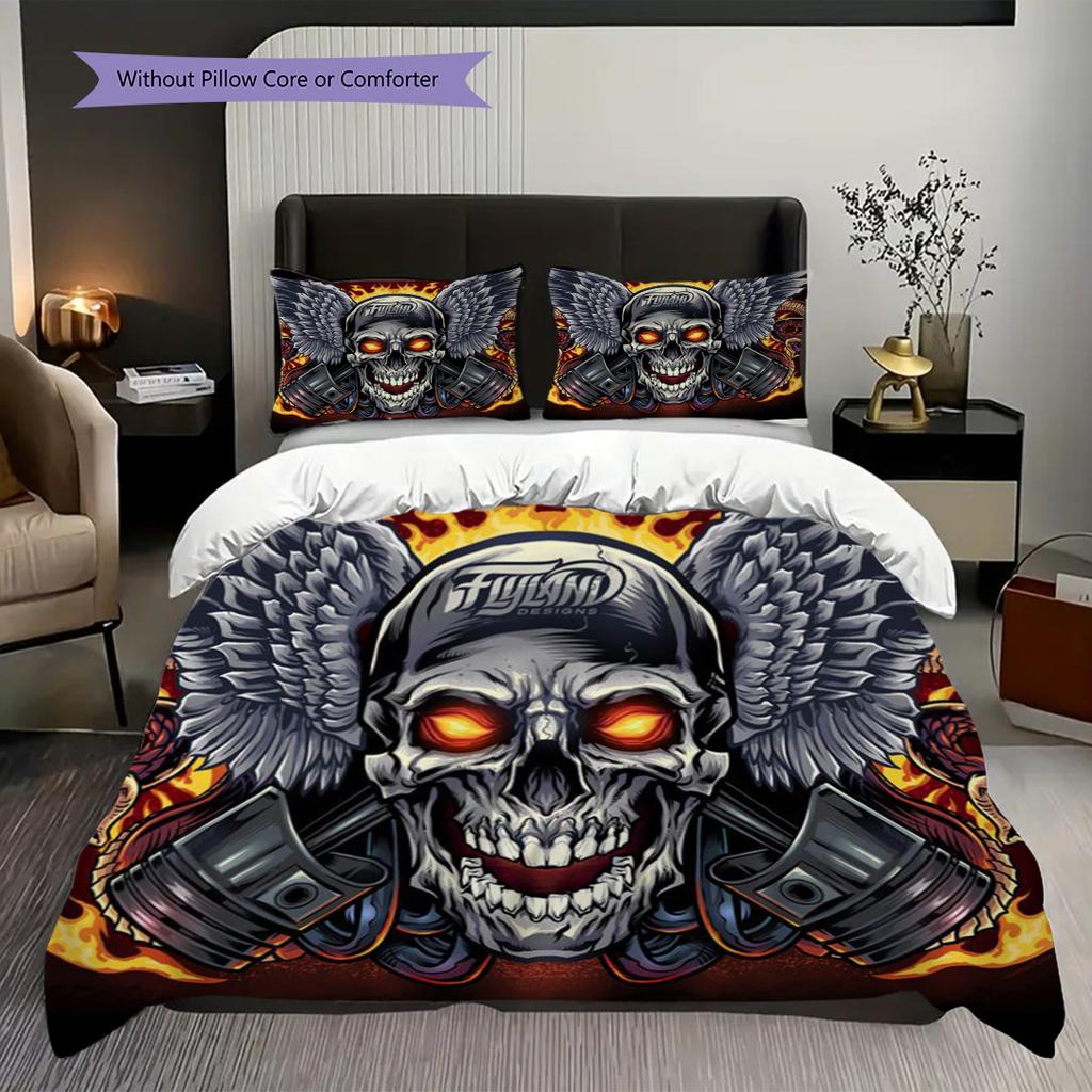 Skull Flames Wings Engines Three-piece Set (1 * Duvet Cover + 2 * Pillowcase, Without Core) 2D Flat Christmas Birthday Gift Duvet Cover and Pillowcase