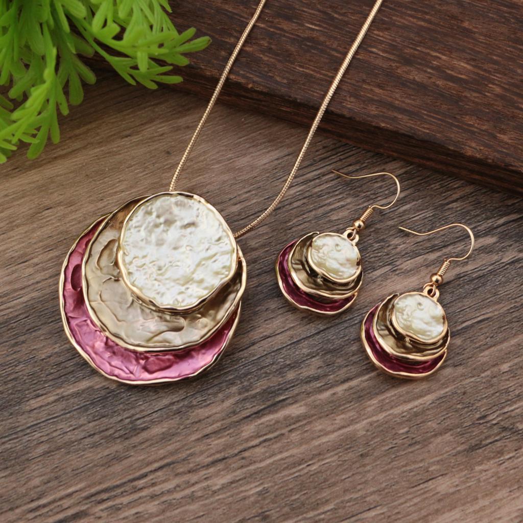 Color Painting Oil Three-layer Ring Hollow Pendant Earrings Set Bohemian Women's Jewelry Set
