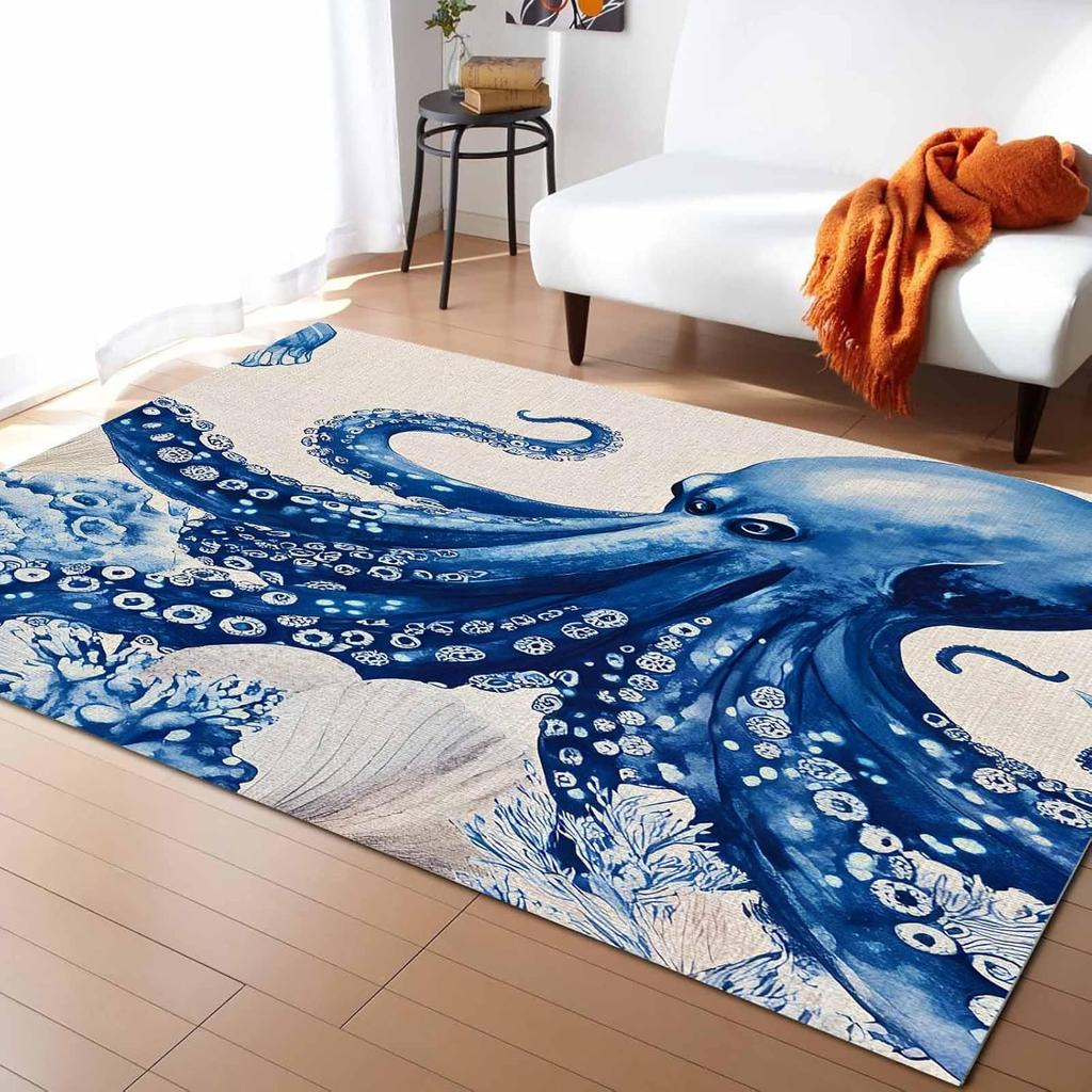 Marine Animal Washable Area Rugs Octopus Coral Shell Linen Texture Non Slip Rugs for Living Room Bedroom, Low Pile Floor Mat