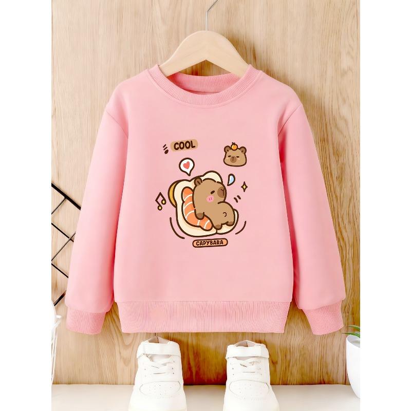 European sizes Cute Capybara Fun Print Crewneck Sweatshirt, Casual Top for Kids, Simple and Trendy Design with Cartoon Bear Hugging Salmon Pattern