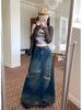 American Retro Plus Size Ripped Denim Midi Skirt for Women - High Waist, Slimming, Niche Design