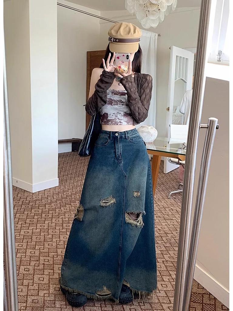 American Retro Plus Size Ripped Denim Midi Skirt for Women - High Waist, Slimming, Niche Design