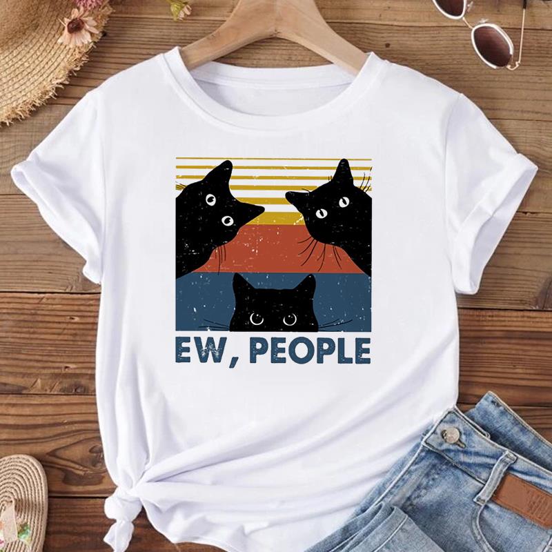 European Size T Shirt Women Cat Face Style Trend 90s Print Tee Top Fashion Female Clothing Short Sleeve Graphic T-shirts