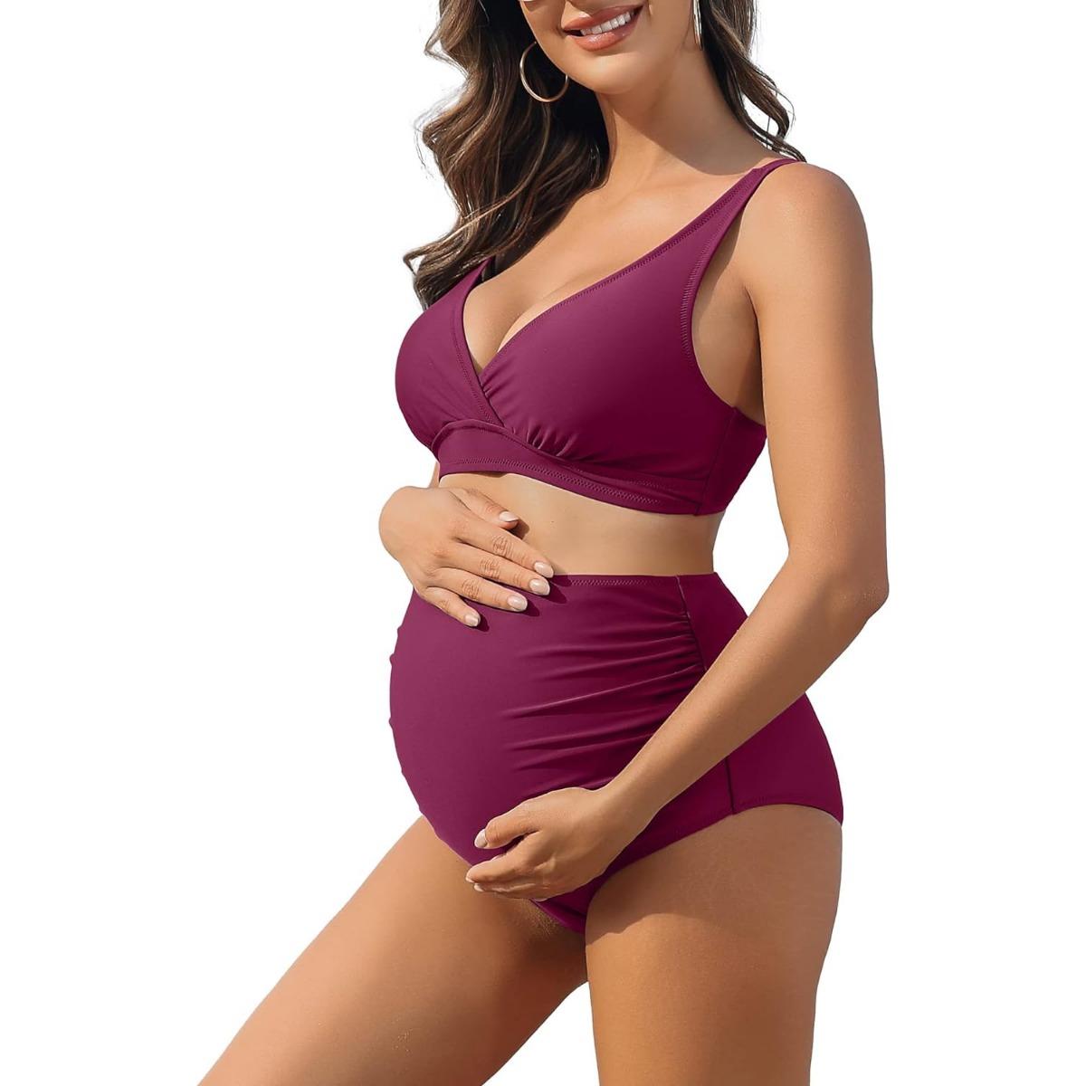 

Charmleaks Купальник для беременных с высокой талией Комплект бикини с v-образным вырезом для беременных Купальники с эффектом пуш-ап из двух предметов Купальники L фуксия